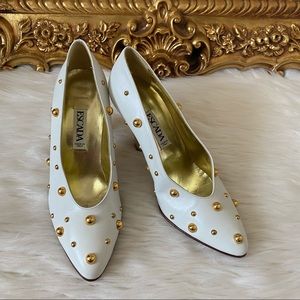 Escada White Leather Gold Studded Pumps
